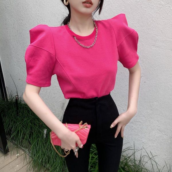 

women's t-shirt loose right shoulder tee chain o-neck puff short sleeve crop solid shirt white oversized t-shirt cotton 230331