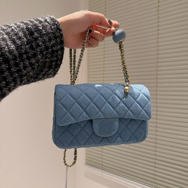 

classic mini flap designer denim crossbody bags blue cowboy purse withe crush pearl ball quilted adjuster strap gold metal chain shoulder de