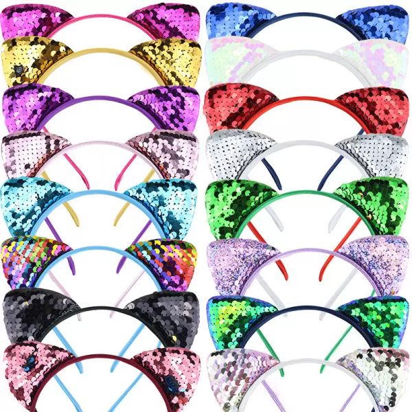 

ins cute glitter flip sequins cat ear hairband girls reversible flip sequined hair clasp hair hoop kids women headress party favors, Slivery;white
