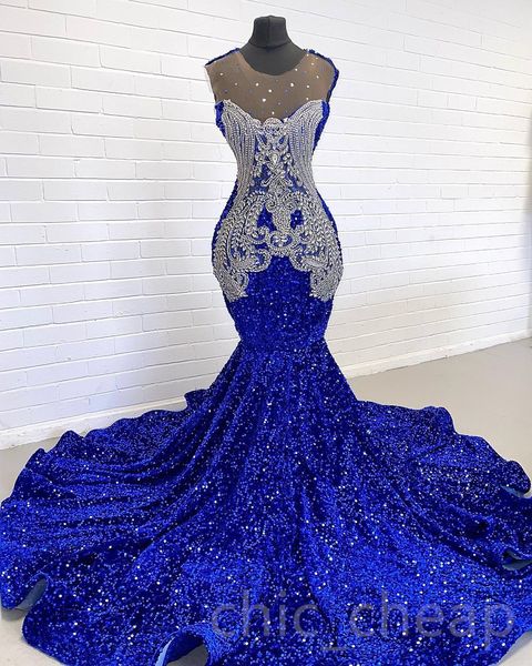 

2023 arabic aso ebi royal blue prom dress mermaid sequined lace evening formal party second reception birthday engagement gowns dresses robe, Black