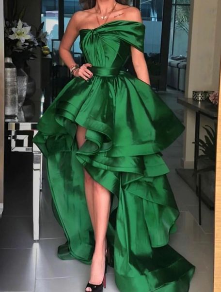 

dark green high low women prom dress 2023 one shoulder ruffles tiered satin evening formal gowns abendkleider robes de soiree vestidos fieas, Black