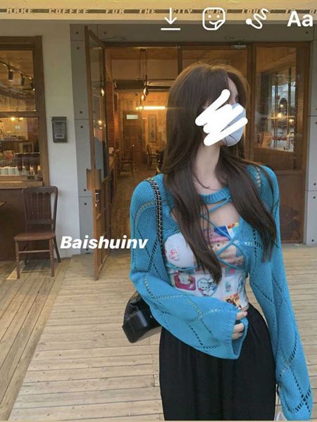 

deeptown y2k korean fashion hollow out cardigan women harajuku slim knitted cropped sweater streetwear casual all-match p230331, Black