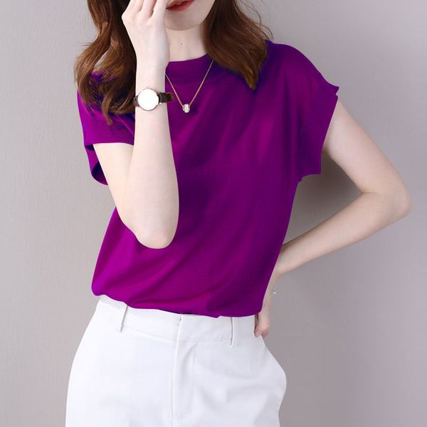 

women's t-shirt women's summer short sleeve o-neck solid color elastic casual lovely loose knitted silk women's shirt 230331, White