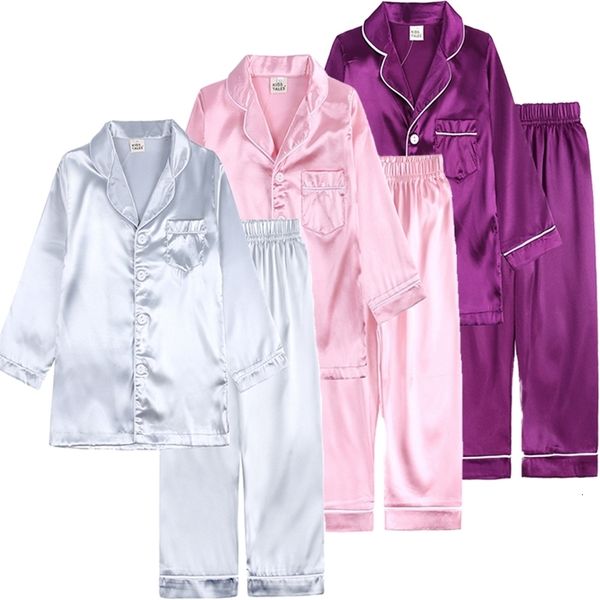 

pajamas silk satin children's pajamas set cute boys and girls solid color children's pajamas lounge pjs christmas apparel 2-12y 2p, Blue;red