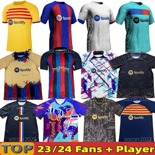 

2023 2024 barcelona player fans version new style soccer jerseys lewandowski reddish blue home away green third yellow 4th rosalia 2022 foot, Black;yellow
