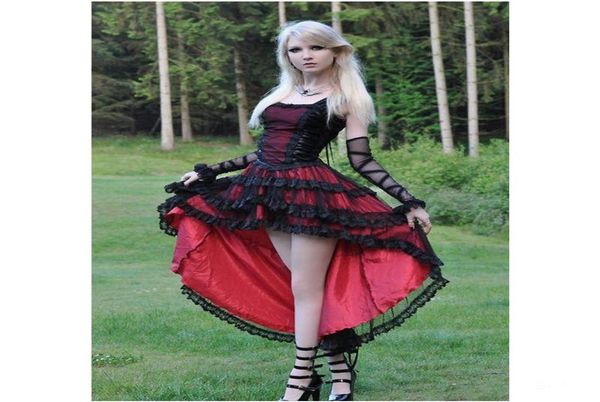 

vintage gothic prom dresses girls high low red and black lace tulle satin straps short front long back evening cocktail dress2162300