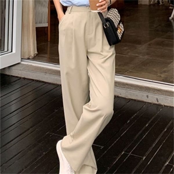 

women's pants capris vintage straight wide leg brown pants vintage women's korean high waist casual long navy pants white beige pa, Black;white