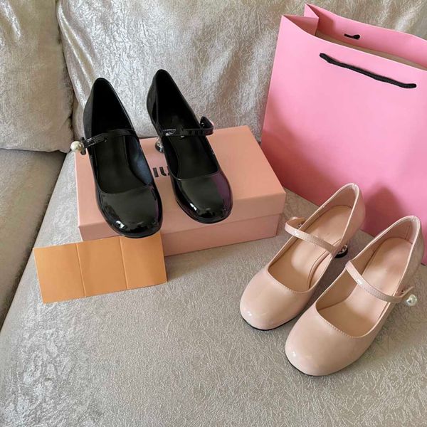 

women's miu upscale high heels dress shoes drill buckle fashion brand party round head wedding dress nude black patent leather shiny dr
