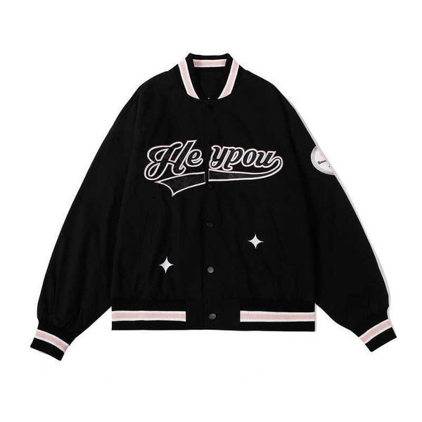 

jacket men's american contrast panel baseball jacket men's and women's fashion loose bf versatile couple jacket, Black;white