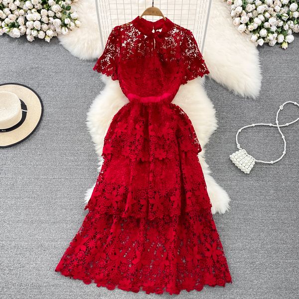 

vintage premium light luxury elegant cake dress with vertical collar hook flower hollow waist a line lace elegant dress, Black;gray