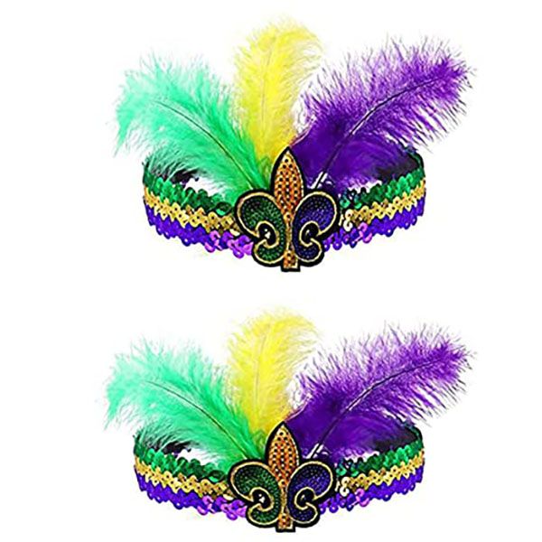 

10pcs mardi gras feather headband, sequin headband for new orleans masquerade mask party faux feather fascinators feather headband cocktail, Slivery;white