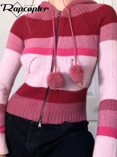 

women's leather faux rapcopter y2k striped knitted jumpers zipper vintage cute prepply jacket hooded slim harajuku korean outwear pocke, Black