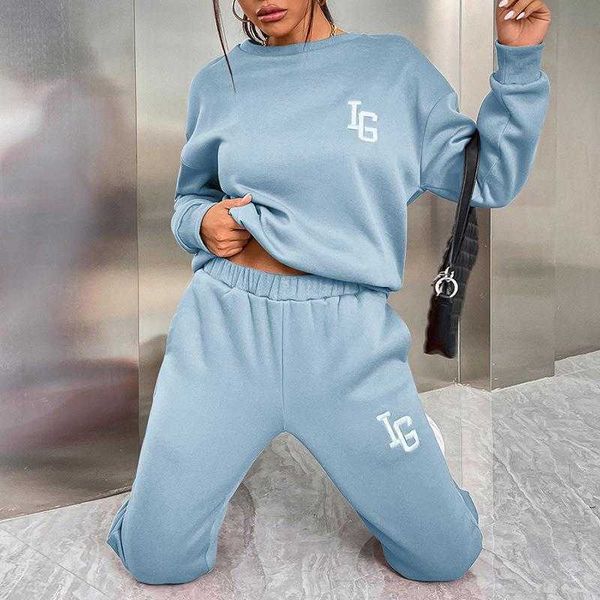 

womens casual pant round neck slim solid color basic sweater suit autumn, White