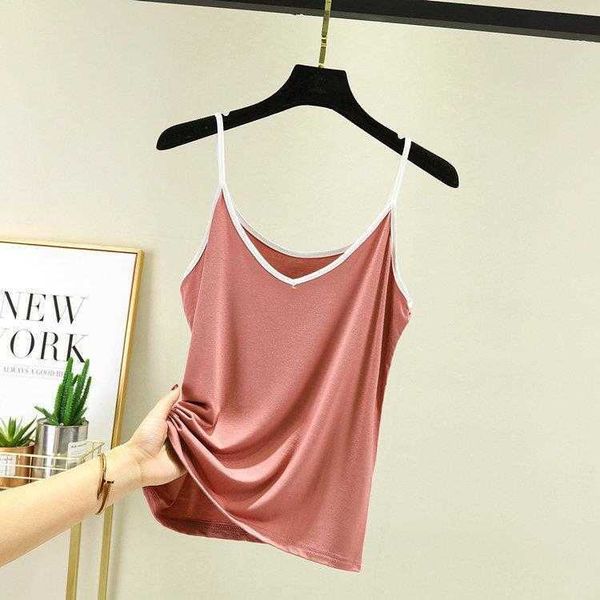 

plus size summer korean camis style contrast color v neck vest slim fit all, White