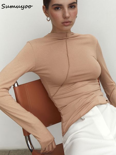 

women's t-shirt sumuyoo splice slim fit long sleeve women t-shirt spring summer fashion chic half turtleneck basic t shirt streetwear t, White