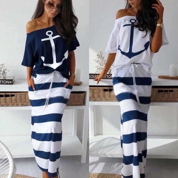 

womens skirt suit dress boat anchor printed two piece navy style striped, White