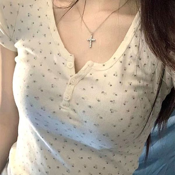 

women s t shirt floral print button t shirt summer casual round neck short sleeve cotton slim t shirt vintage streetwear y2k clothes 230330, White