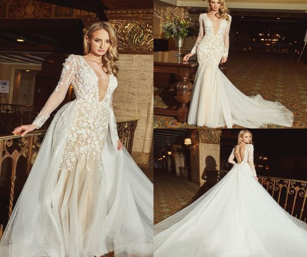 

calla blanche 2019 mermaid wedding dresses with detachable train v neck long sleeves lace bridal gowns backless beach boho wedding8973381, White