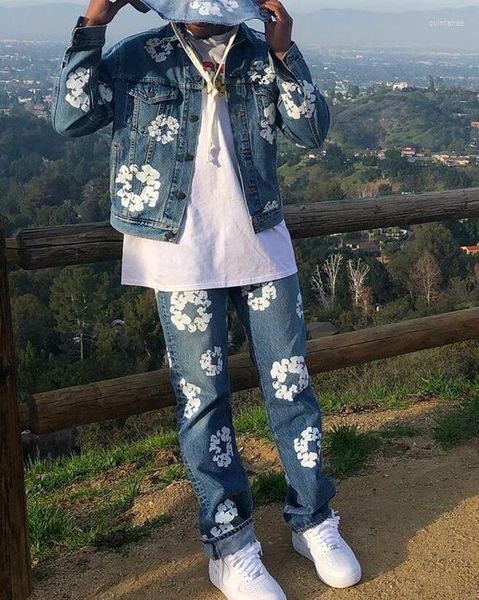 

men's jeans denim tears baggy design on cotton wreath jean light wash men hip hop pant flower printed, Blue