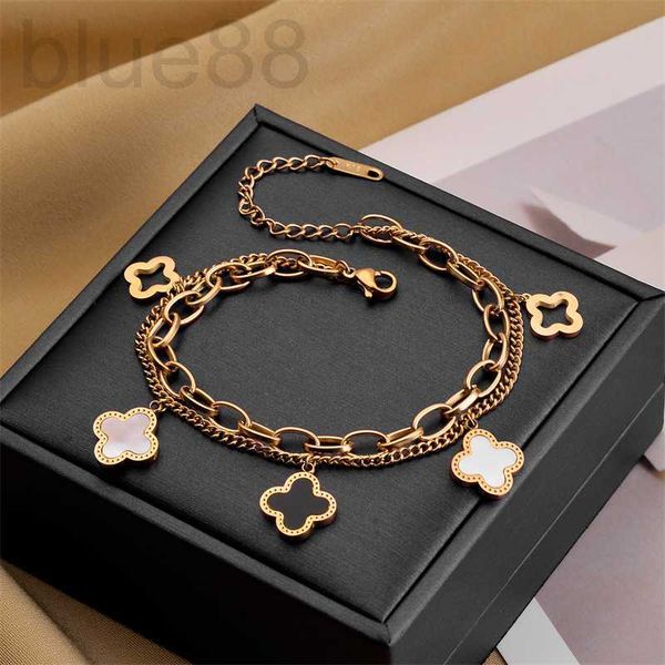 

chain designer 2023 korean style titanium steel bracelet women's four-leaf clover double layer chain high-end niche design non fading h, Black