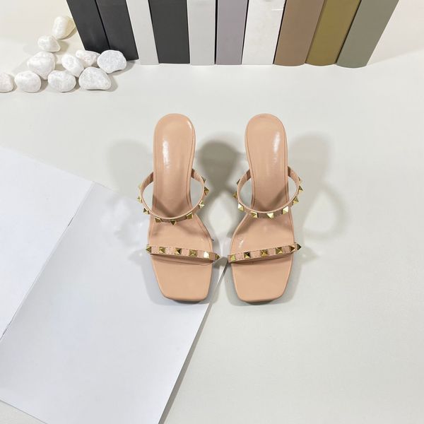 

2023 designer women's sandals slim ribbed rivet women's sandals 2023 women's wedding party high heels summer women's siz, Black