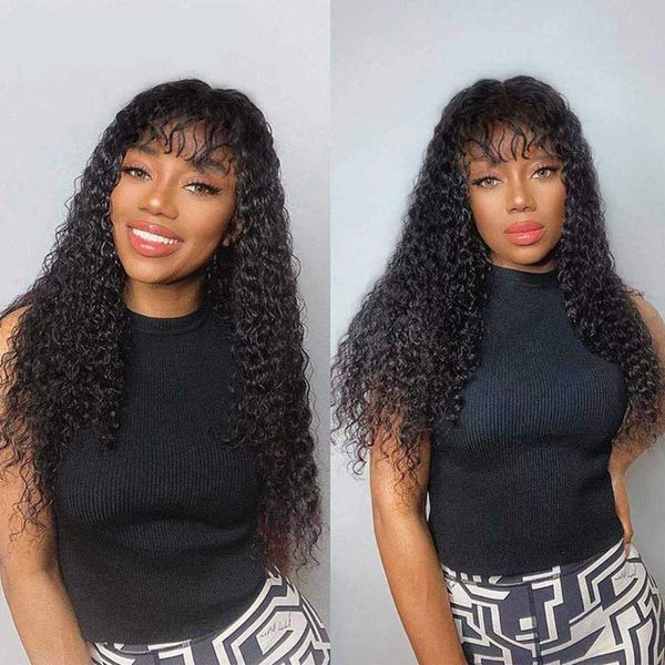 

hair wigs curly human with bangs brazilian remy for women full machine made no lace fringe wig 220722, Black