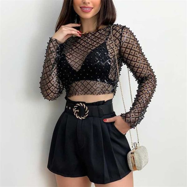 

2023 new designer t-shirt womens mesh studded sequin long sleeve shirt, White