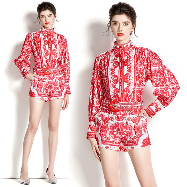 

retro floral red outfits short pants summer designer two piece sets 2023 graceful print shirt and trousers holiday suits long sleeve office, White