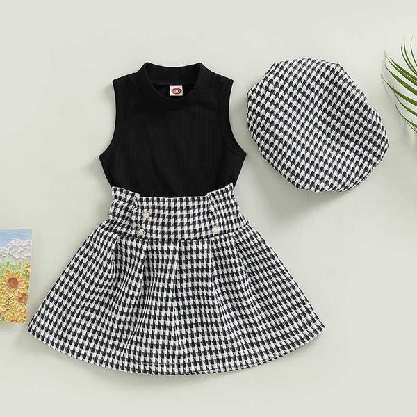 

focusnorm 1-5y fashion little girls clothes sets 3pcs sleeveless ribbed vest withplaid high waist a-line skirtswithbeanies p230331, White
