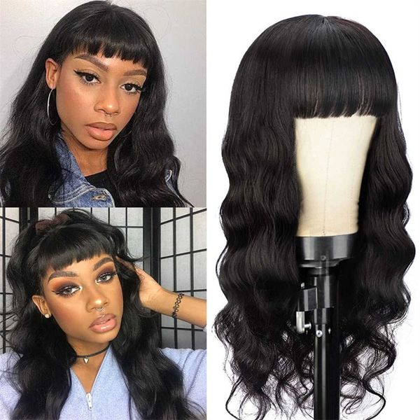 

hair wigs body wave wig with bangs brazilian remy human for women full machine made glueless 180 density 220722, Black