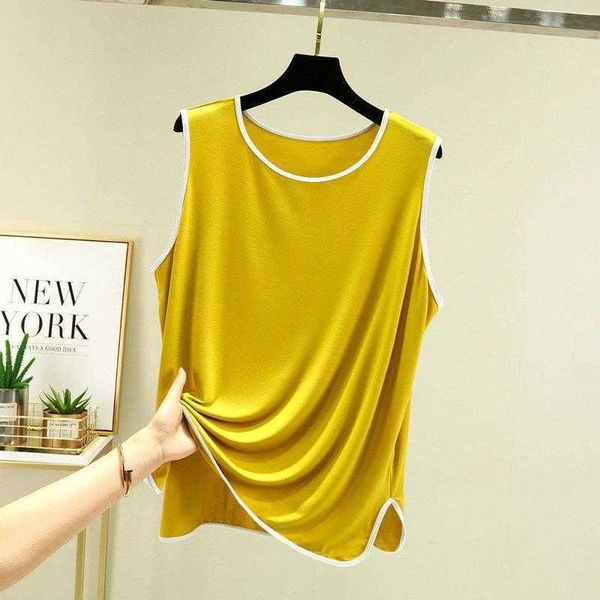 

summer modal cotton shirt tank korean style side slit contrast color binding, White