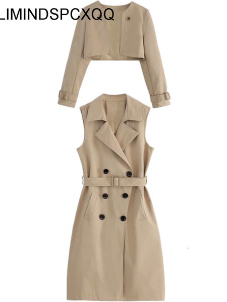 

women's leather faux two piece set women trench coats 2023 long solid casual ladies windbreaker black khaki size xxl belt lapel clothin