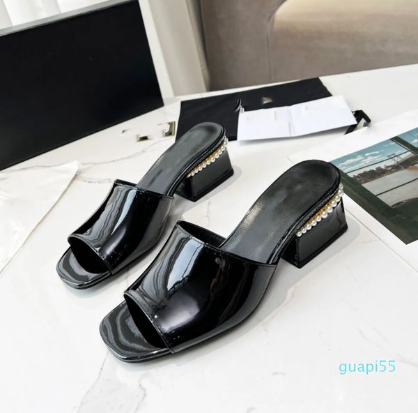 

fashion designer sandals leather high-heeled slippers women classic flip-flops summer, Black