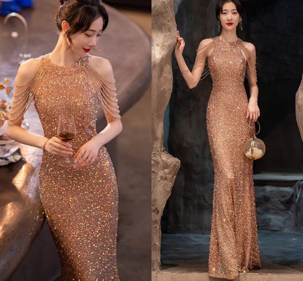

bling champagne prom party dress 2023 halter sleeveless beading crystal tassel sequined formal evening gowns vestidos de fiesta, Black