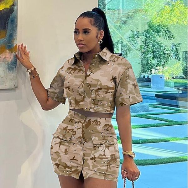 

two piece dress mudan fashion women 2 set outfits short sleeve pocket front shirt and midi skirt suit 2023 summer tracksuit 230331, White