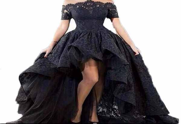 

2019 new black lace strapless off the shoulder short sleeves high low prom dresses lace evening party gowns vestido longo al091973484