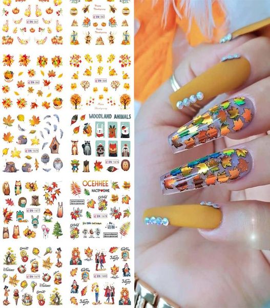 

12 designs stickers for nails autumn butterfly maple leaf cartoon series water transfer sticker nail art decor polish decals8701251, Black