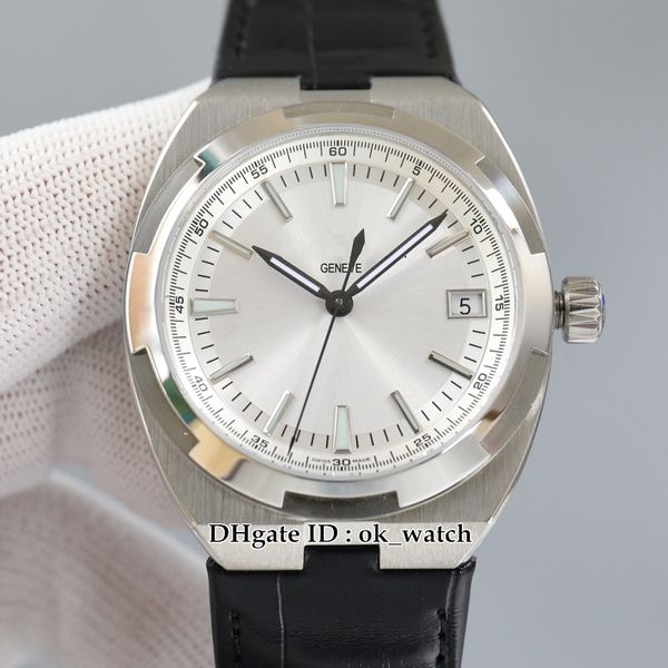 

new aof overseas 41mm watch 4500v/110a-b126 cal.5100 automatic mens watch silver dial fashion date gents sport watches black leather strap, Slivery;brown