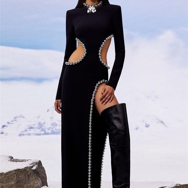 

casual dresses ailigou fall winter style women s o neck cutout black beaded long bodyband elegant celebrity party 230330, Black;gray