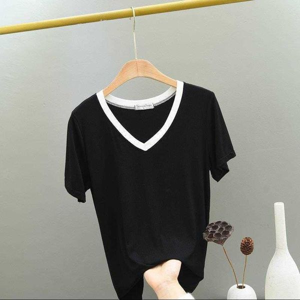 

summer loose white womens blouses edge v neck modal thread mask thin t shirt top