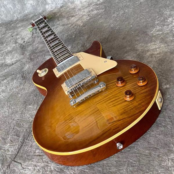 

factory solid mahogany body and neck lp electric guitar in smoke colour,chrome-plated hardware,tiger flame 17