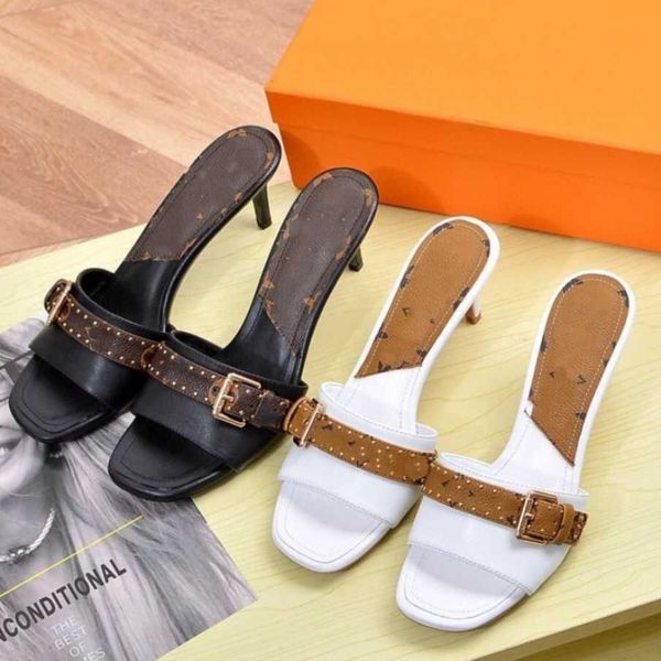 

paris lu square toe women slippers monograms heels mules buckle strap sandals high heel pump stiletto dress shoes slides party wedding beach, Black