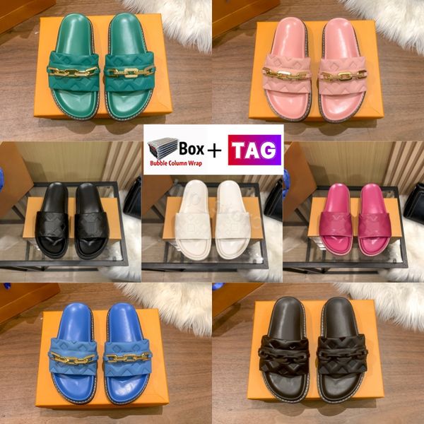 

with box fashion slippers womens sunset flat comfort mules summer outdoor slides sandals rubber luxury designer moccasins casual lady shoes, Black