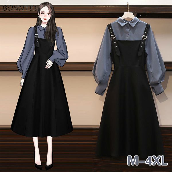 

two piece dress set chic fashion elegant office lady outfits 2 korean fall basic simple female shirts vestido mujer aesthetic 230331, White