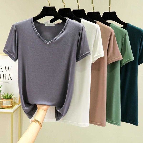 

modal short sleeved t shirt womens summer large size loose v neck base inner wear, White