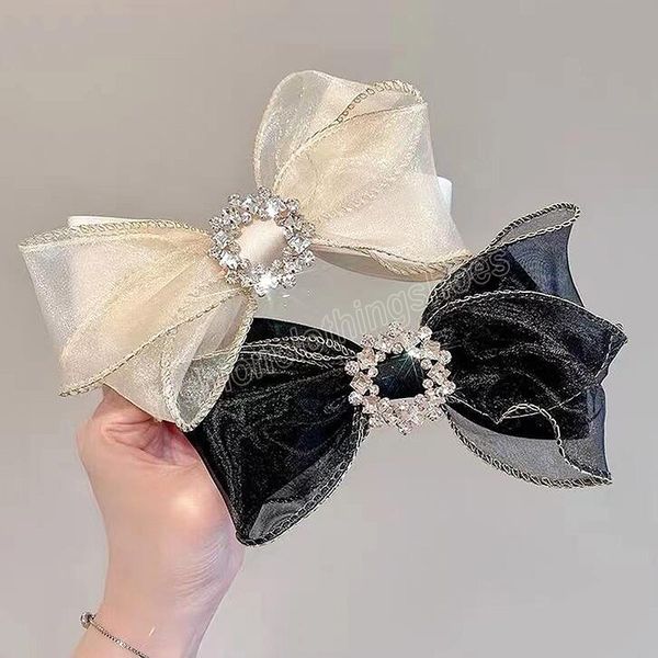 

mesh bow hairpin rhinestone spring clip luxury side clip hair accessories head accessories for women girls, Slivery;white