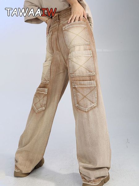 

women's jeans tawaaiw american retro green boyfriend jean vintage washed multiple pockets brown mom baggy denim trousers y2k chic 23033, Blue