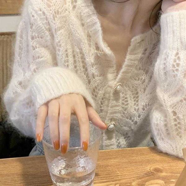 

women's hoodies sweatshirts deeptown y2k korean style white cropped knitted cardigan sweater women grunge solid loose o-neck long sleev, Black