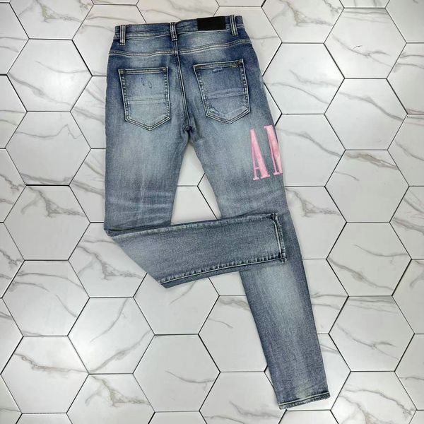 

hm6200 mens jeans distressed motorcycle biker jean rock skinny slim ripped hole stripe fashionable snake embroidery denim pants, Blue