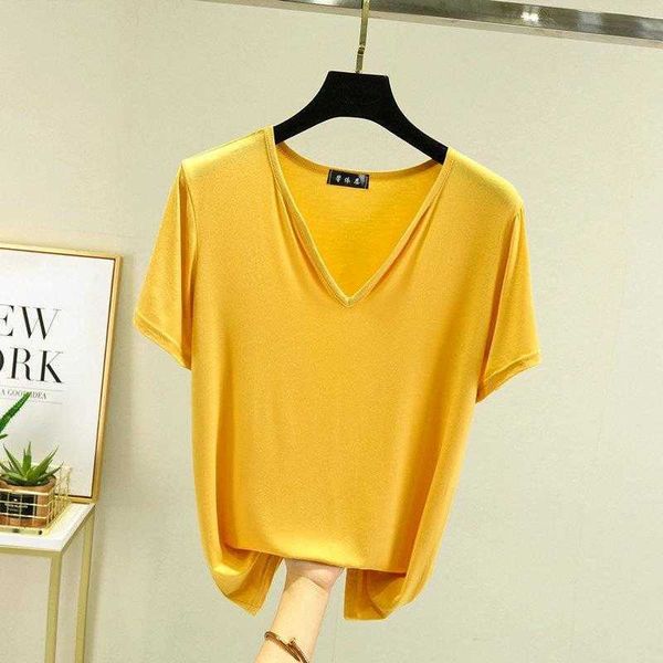 

solid color modal short sleeved t shirt womens summer v neck bottoming thin, White